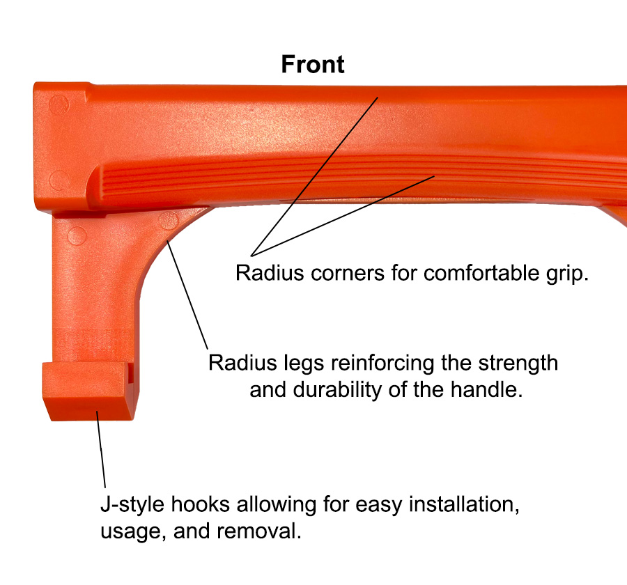 Image of front of Ladder Swagger. Feature notes: has radius corners for comfortable grip; radius legs reinforcing the strength and durability of the handle; J-style hooks allowing for easy installation, usage, and removal.