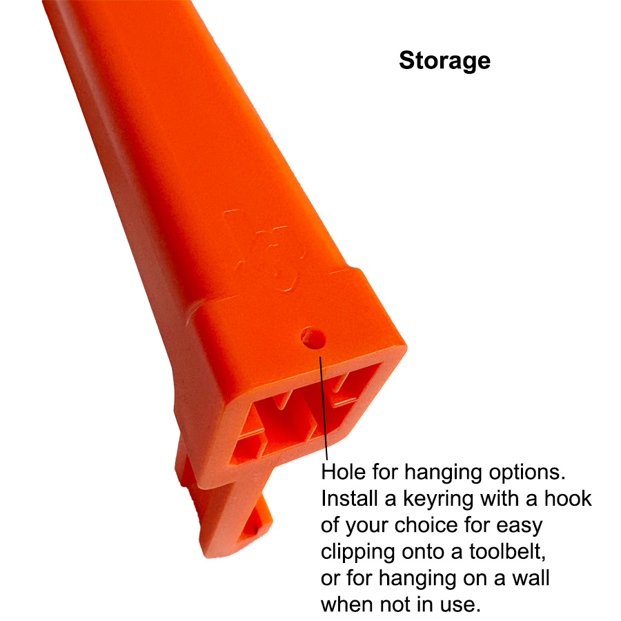 Image of storage option. Feature notes: Hole for hanging options. Install a keyring with a hook of your choice for easy clipping onto a toolbelt, or for hanging on a wall when not in use.